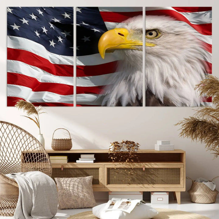 An American Flag Eagle Symbol Wall Art Canvas Print enhances a modern living room. This high-resolution printed artwork delivers stunning detail, and its gallery-wrapped design ensures a museum-quality canvas finish that elevates any space.