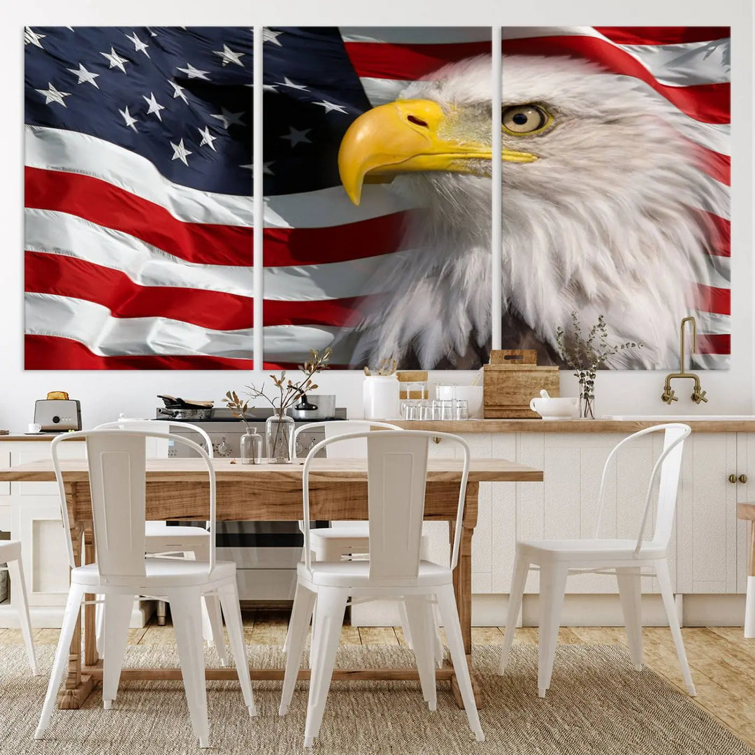 An American Flag Eagle Symbol Wall Art Canvas Print enhances a modern living room. This high-resolution printed artwork delivers stunning detail, and its gallery-wrapped design ensures a museum-quality canvas finish that elevates any space.