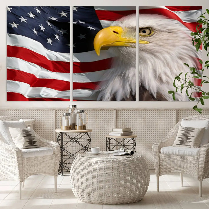 An American Flag Eagle Symbol Wall Art Canvas Print enhances a modern living room. This high-resolution printed artwork delivers stunning detail, and its gallery-wrapped design ensures a museum-quality canvas finish that elevates any space.