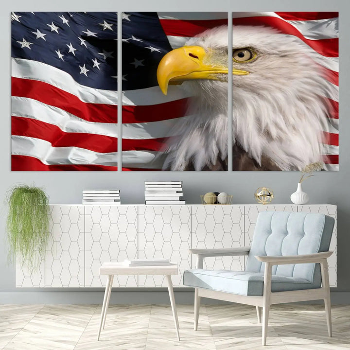 An American Flag Eagle Symbol Wall Art Canvas Print enhances a modern living room. This high-resolution printed artwork delivers stunning detail, and its gallery-wrapped design ensures a museum-quality canvas finish that elevates any space.