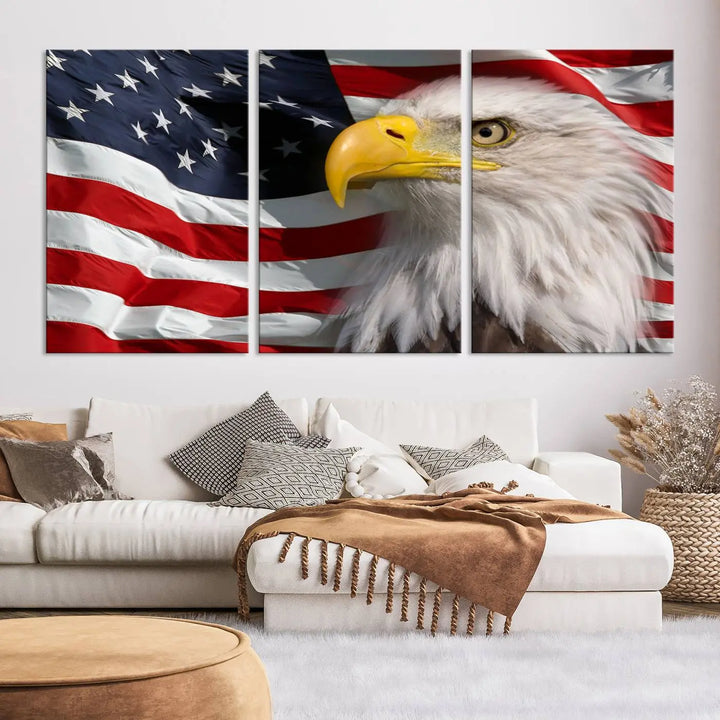 An American Flag Eagle Symbol Wall Art Canvas Print enhances a modern living room. This high-resolution printed artwork delivers stunning detail, and its gallery-wrapped design ensures a museum-quality canvas finish that elevates any space.