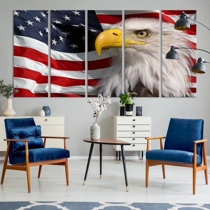 An American Flag Eagle Symbol Wall Art Canvas Print enhances a modern living room. This high-resolution printed artwork delivers stunning detail, and its gallery-wrapped design ensures a museum-quality canvas finish that elevates any space.