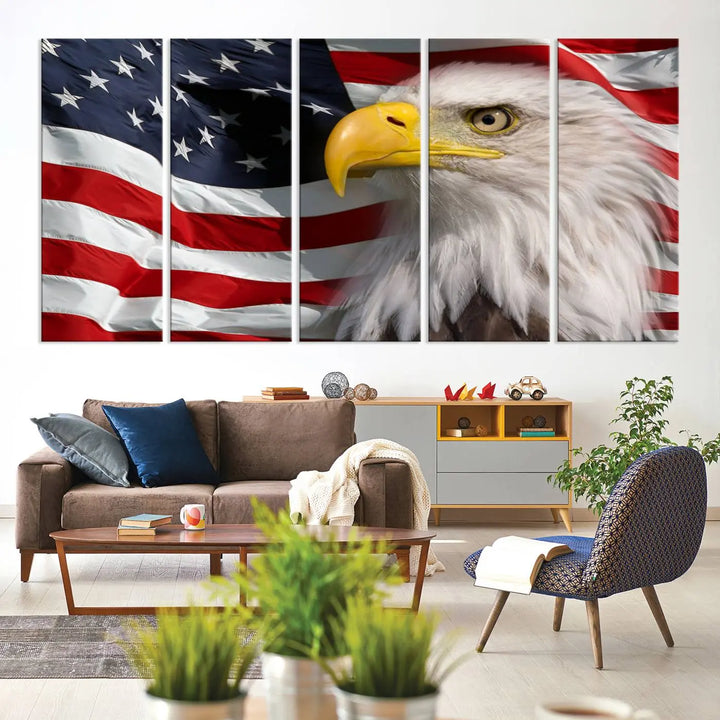 An American Flag Eagle Symbol Wall Art Canvas Print enhances a modern living room. This high-resolution printed artwork delivers stunning detail, and its gallery-wrapped design ensures a museum-quality canvas finish that elevates any space.