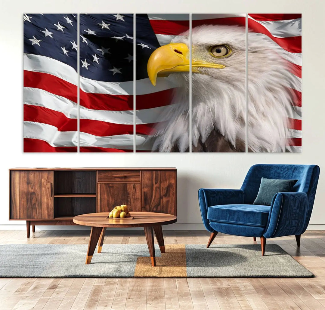 An American Flag Eagle Symbol Wall Art Canvas Print enhances a modern living room. This high-resolution printed artwork delivers stunning detail, and its gallery-wrapped design ensures a museum-quality canvas finish that elevates any space.