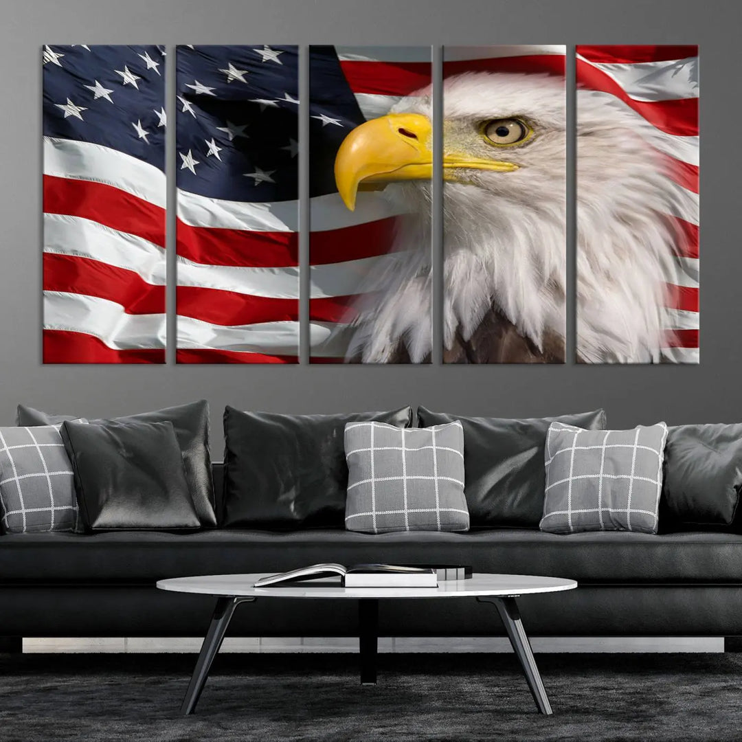 An American Flag Eagle Symbol Wall Art Canvas Print enhances a modern living room. This high-resolution printed artwork delivers stunning detail, and its gallery-wrapped design ensures a museum-quality canvas finish that elevates any space.