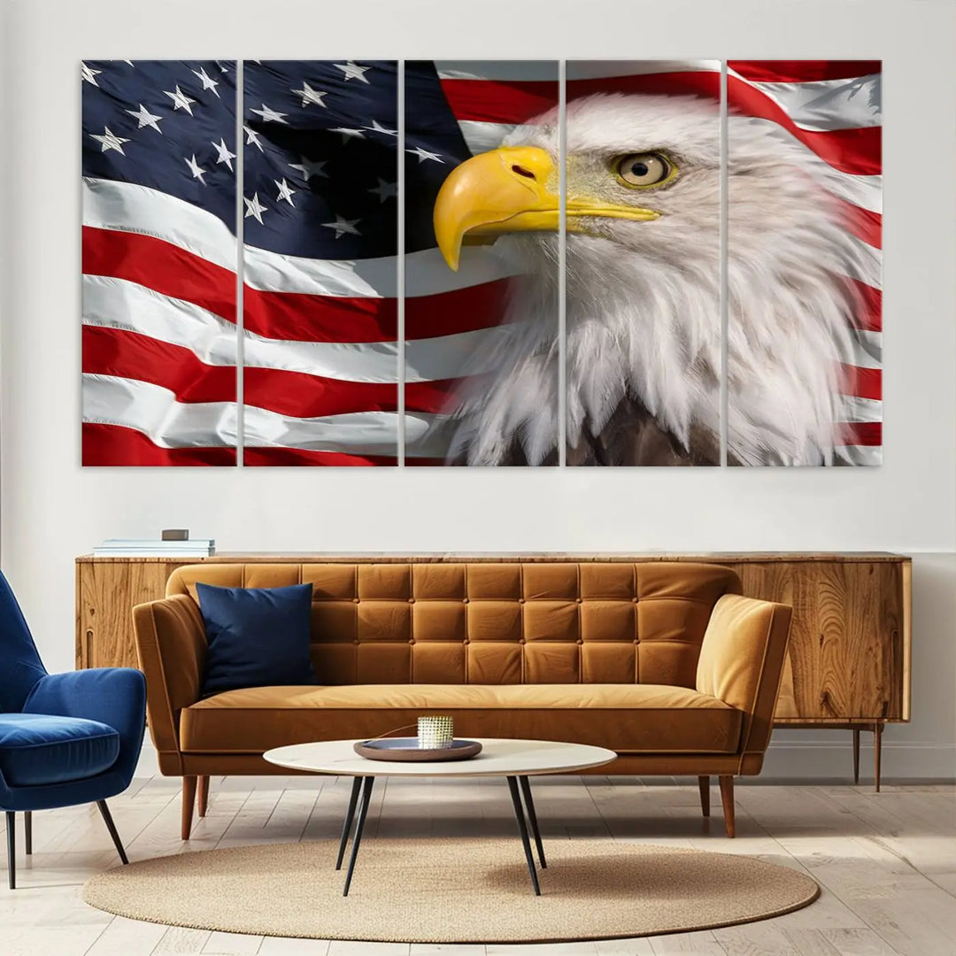 An American Flag Eagle Symbol Wall Art Canvas Print enhances a modern living room. This high-resolution printed artwork delivers stunning detail, and its gallery-wrapped design ensures a museum-quality canvas finish that elevates any space.