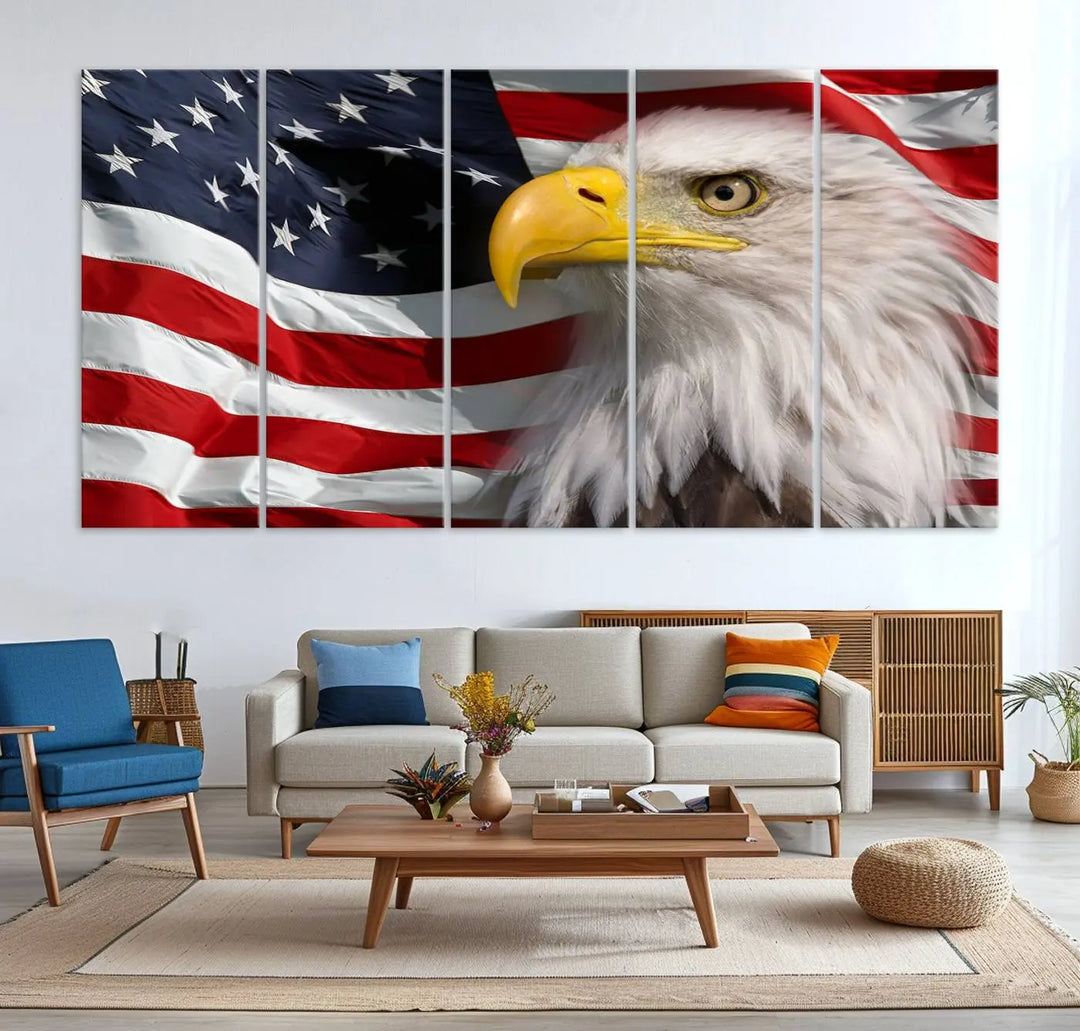 An American Flag Eagle Symbol Wall Art Canvas Print enhances a modern living room. This high-resolution printed artwork delivers stunning detail, and its gallery-wrapped design ensures a museum-quality canvas finish that elevates any space.