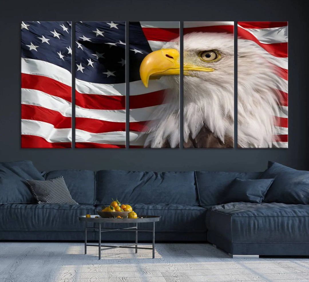 An American Flag Eagle Symbol Wall Art Canvas Print enhances a modern living room. This high-resolution printed artwork delivers stunning detail, and its gallery-wrapped design ensures a museum-quality canvas finish that elevates any space.