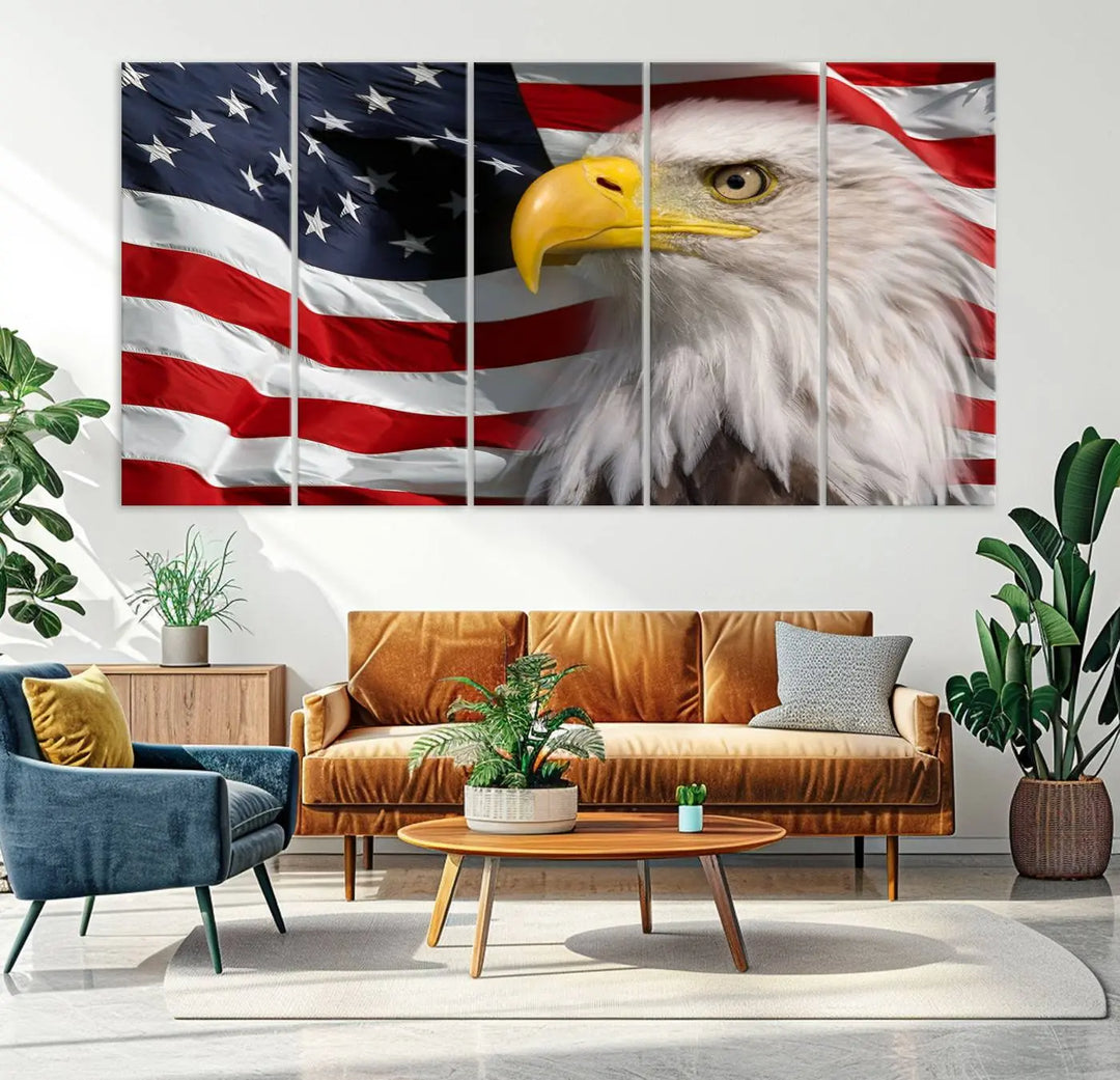 An American Flag Eagle Symbol Wall Art Canvas Print enhances a modern living room. This high-resolution printed artwork delivers stunning detail, and its gallery-wrapped design ensures a museum-quality canvas finish that elevates any space.