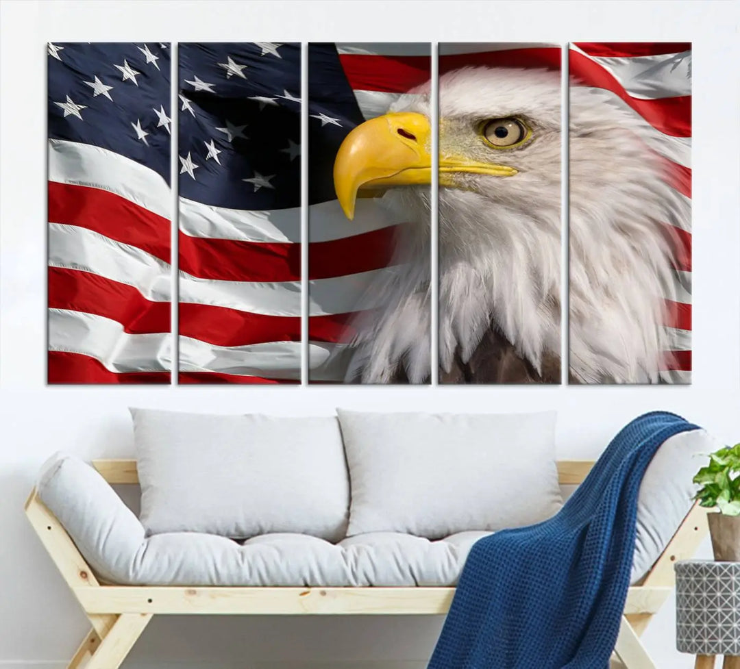 An American Flag Eagle Symbol Wall Art Canvas Print enhances a modern living room. This high-resolution printed artwork delivers stunning detail, and its gallery-wrapped design ensures a museum-quality canvas finish that elevates any space.