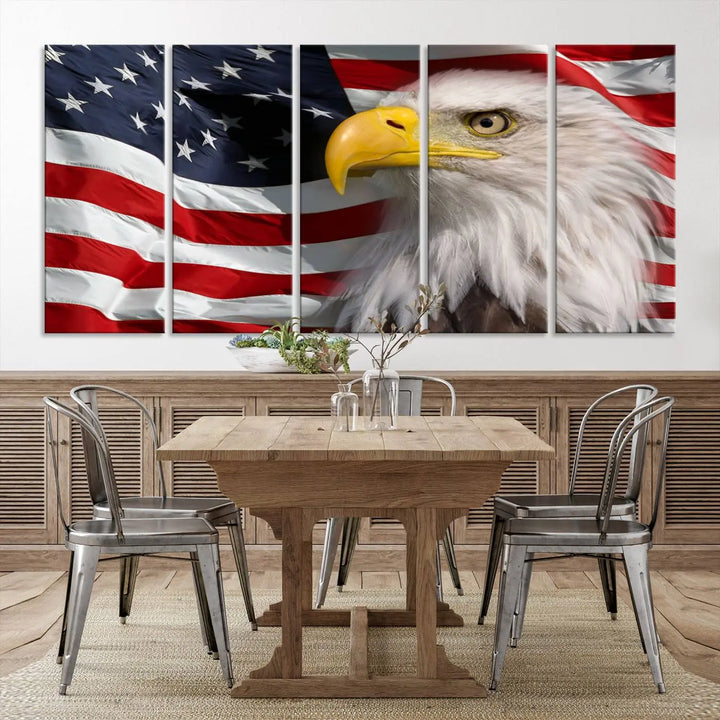 An American Flag Eagle Symbol Wall Art Canvas Print enhances a modern living room. This high-resolution printed artwork delivers stunning detail, and its gallery-wrapped design ensures a museum-quality canvas finish that elevates any space.