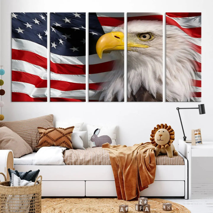 An American Flag Eagle Symbol Wall Art Canvas Print enhances a modern living room. This high-resolution printed artwork delivers stunning detail, and its gallery-wrapped design ensures a museum-quality canvas finish that elevates any space.