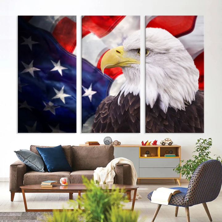 The American Flag Eagle Wall Art Canvas Print adorns the area above a modern living room sofa, featuring a magnificent depiction of a bald eagle against an American flag backdrop. Printed on museum-quality canvas, this eye-catching piece offers a high-resolution finish, making it an ideal gift for any patriotic home.