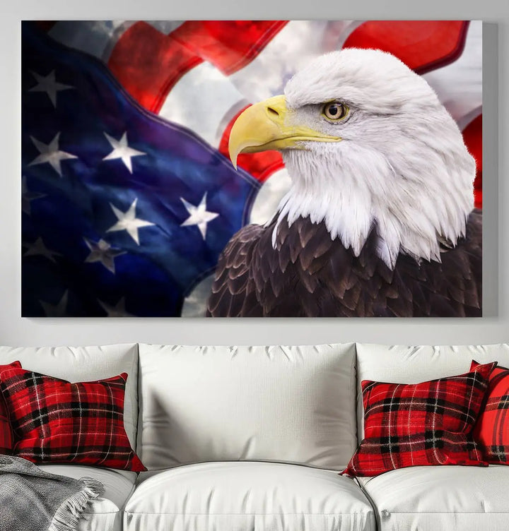 The American Flag Eagle Wall Art Canvas Print adorns the area above a modern living room sofa, featuring a magnificent depiction of a bald eagle against an American flag backdrop. Printed on museum-quality canvas, this eye-catching piece offers a high-resolution finish, making it an ideal gift for any patriotic home.