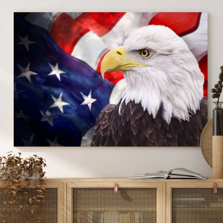 The American Flag Eagle Wall Art Canvas Print adorns the area above a modern living room sofa, featuring a magnificent depiction of a bald eagle against an American flag backdrop. Printed on museum-quality canvas, this eye-catching piece offers a high-resolution finish, making it an ideal gift for any patriotic home.