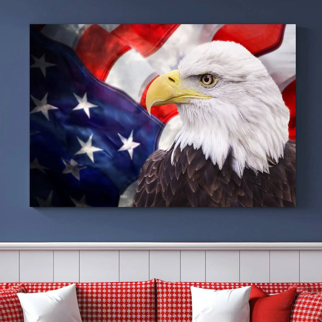 The American Flag Eagle Wall Art Canvas Print adorns the area above a modern living room sofa, featuring a magnificent depiction of a bald eagle against an American flag backdrop. Printed on museum-quality canvas, this eye-catching piece offers a high-resolution finish, making it an ideal gift for any patriotic home.