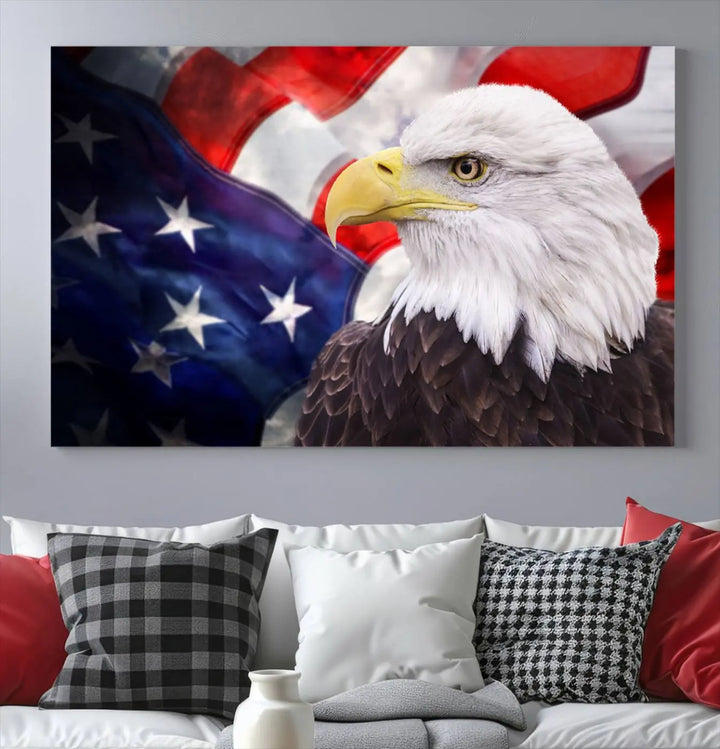 The American Flag Eagle Wall Art Canvas Print adorns the area above a modern living room sofa, featuring a magnificent depiction of a bald eagle against an American flag backdrop. Printed on museum-quality canvas, this eye-catching piece offers a high-resolution finish, making it an ideal gift for any patriotic home.