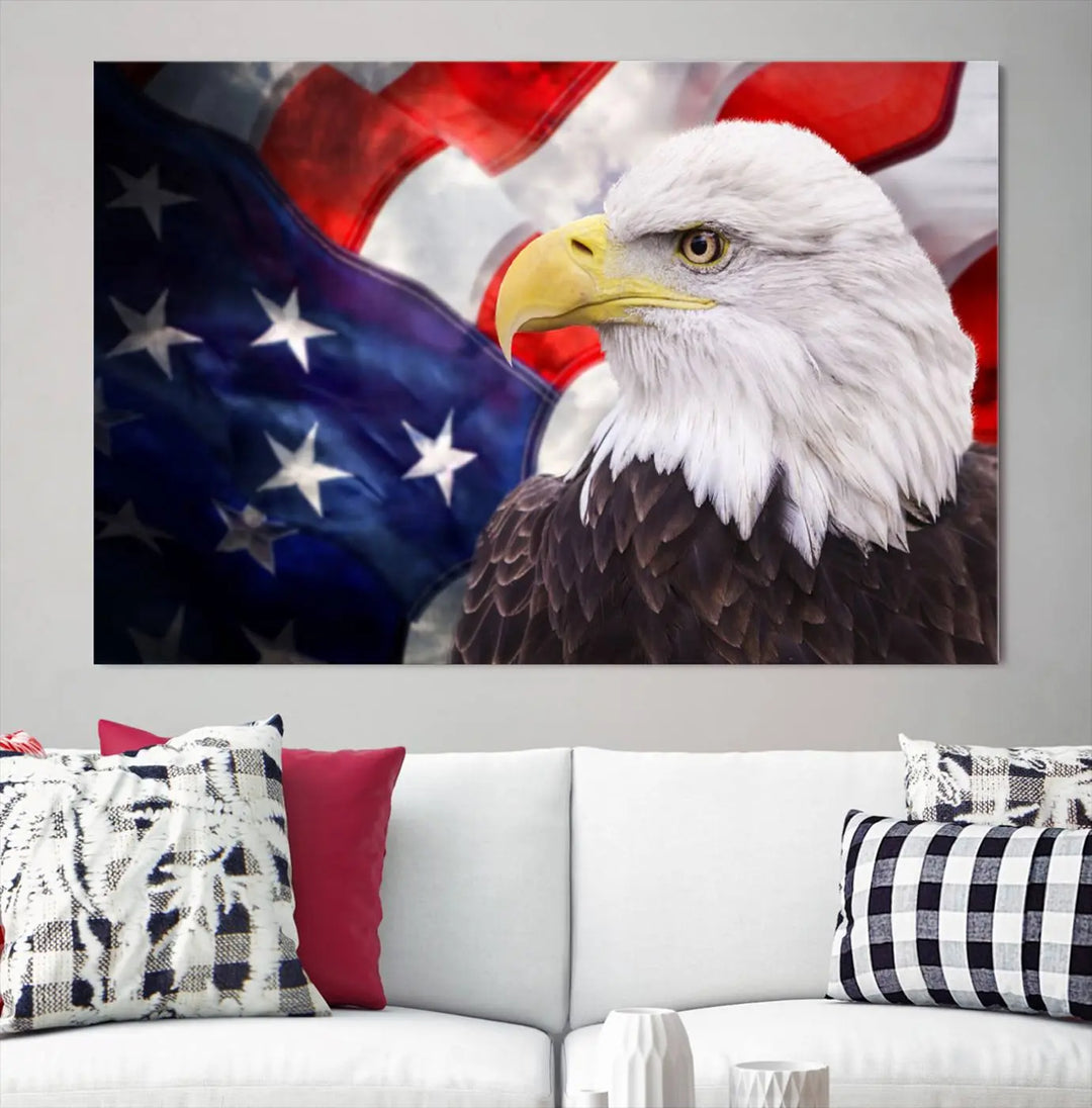 The American Flag Eagle Wall Art Canvas Print adorns the area above a modern living room sofa, featuring a magnificent depiction of a bald eagle against an American flag backdrop. Printed on museum-quality canvas, this eye-catching piece offers a high-resolution finish, making it an ideal gift for any patriotic home.