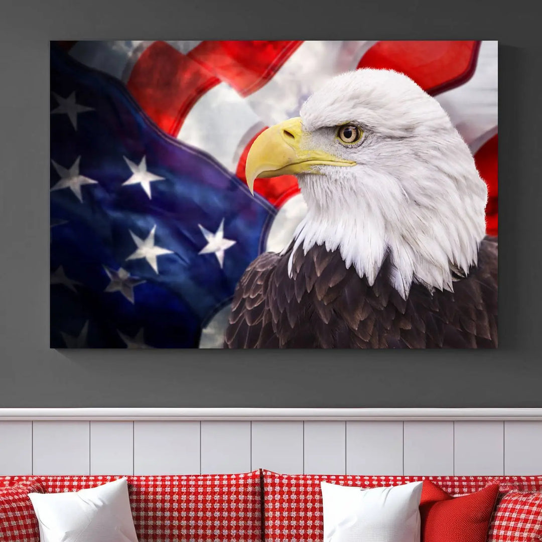 The American Flag Eagle Wall Art Canvas Print adorns the area above a modern living room sofa, featuring a magnificent depiction of a bald eagle against an American flag backdrop. Printed on museum-quality canvas, this eye-catching piece offers a high-resolution finish, making it an ideal gift for any patriotic home.