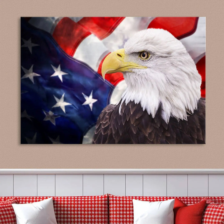 The American Flag Eagle Wall Art Canvas Print adorns the area above a modern living room sofa, featuring a magnificent depiction of a bald eagle against an American flag backdrop. Printed on museum-quality canvas, this eye-catching piece offers a high-resolution finish, making it an ideal gift for any patriotic home.