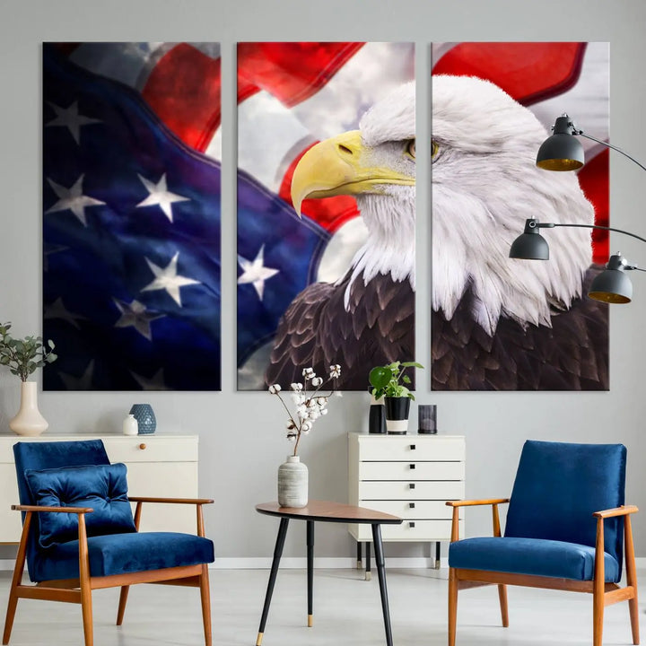 The American Flag Eagle Wall Art Canvas Print adorns the area above a modern living room sofa, featuring a magnificent depiction of a bald eagle against an American flag backdrop. Printed on museum-quality canvas, this eye-catching piece offers a high-resolution finish, making it an ideal gift for any patriotic home.