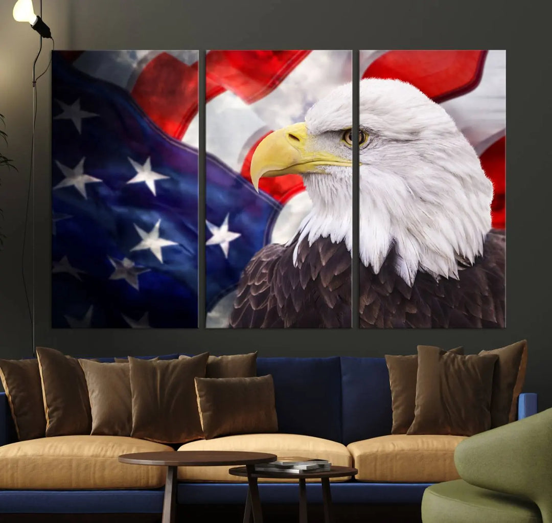 The American Flag Eagle Wall Art Canvas Print adorns the area above a modern living room sofa, featuring a magnificent depiction of a bald eagle against an American flag backdrop. Printed on museum-quality canvas, this eye-catching piece offers a high-resolution finish, making it an ideal gift for any patriotic home.