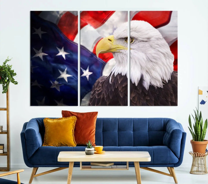 The American Flag Eagle Wall Art Canvas Print adorns the area above a modern living room sofa, featuring a magnificent depiction of a bald eagle against an American flag backdrop. Printed on museum-quality canvas, this eye-catching piece offers a high-resolution finish, making it an ideal gift for any patriotic home.