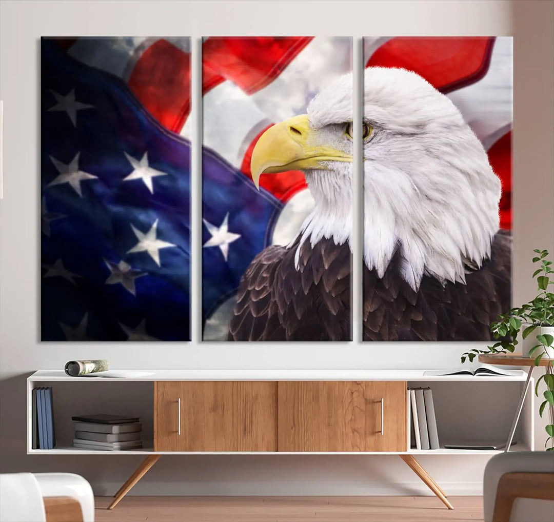 The American Flag Eagle Wall Art Canvas Print adorns the area above a modern living room sofa, featuring a magnificent depiction of a bald eagle against an American flag backdrop. Printed on museum-quality canvas, this eye-catching piece offers a high-resolution finish, making it an ideal gift for any patriotic home.