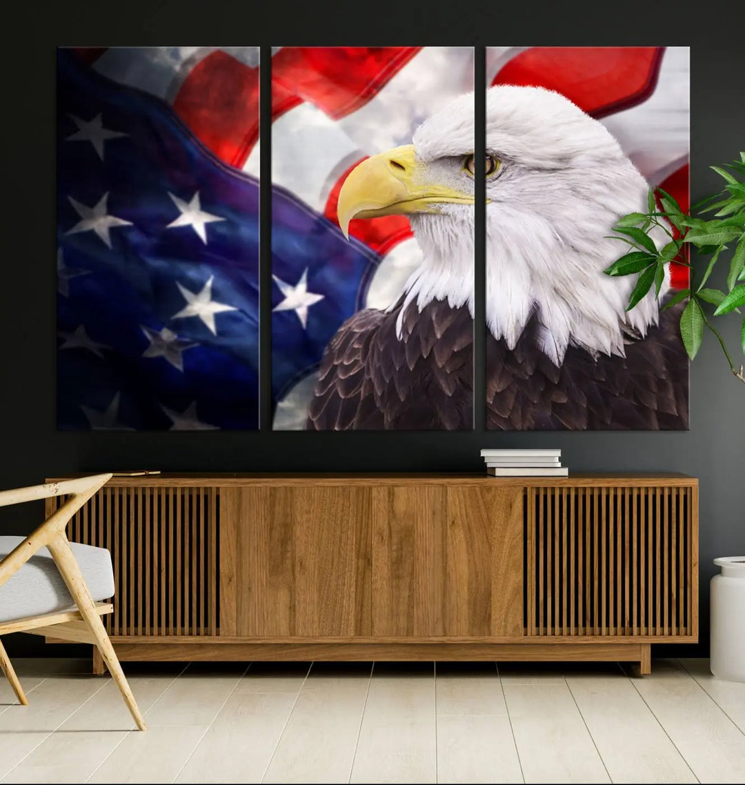 The American Flag Eagle Wall Art Canvas Print adorns the area above a modern living room sofa, featuring a magnificent depiction of a bald eagle against an American flag backdrop. Printed on museum-quality canvas, this eye-catching piece offers a high-resolution finish, making it an ideal gift for any patriotic home.