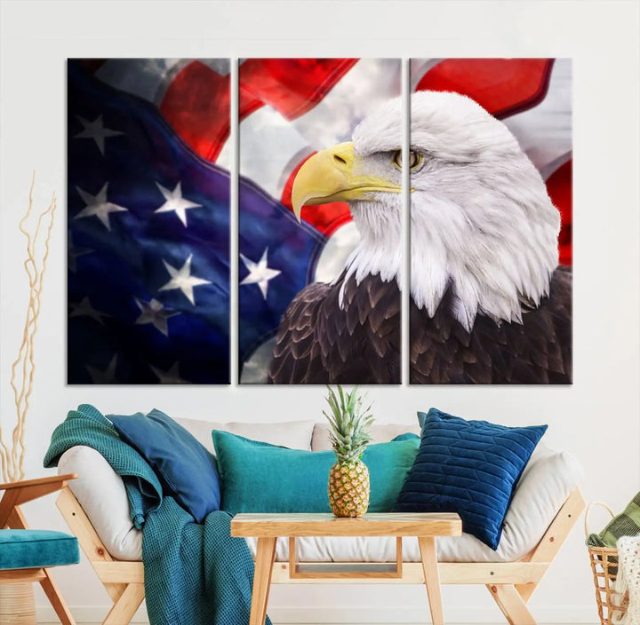 The American Flag Eagle Wall Art Canvas Print adorns the area above a modern living room sofa, featuring a magnificent depiction of a bald eagle against an American flag backdrop. Printed on museum-quality canvas, this eye-catching piece offers a high-resolution finish, making it an ideal gift for any patriotic home.