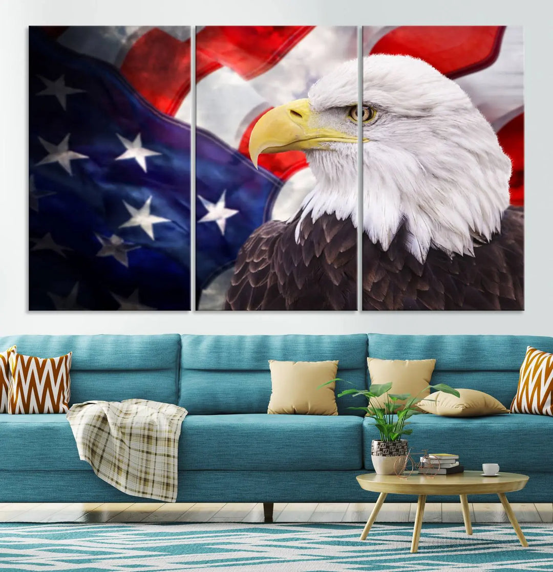 The American Flag Eagle Wall Art Canvas Print adorns the area above a modern living room sofa, featuring a magnificent depiction of a bald eagle against an American flag backdrop. Printed on museum-quality canvas, this eye-catching piece offers a high-resolution finish, making it an ideal gift for any patriotic home.