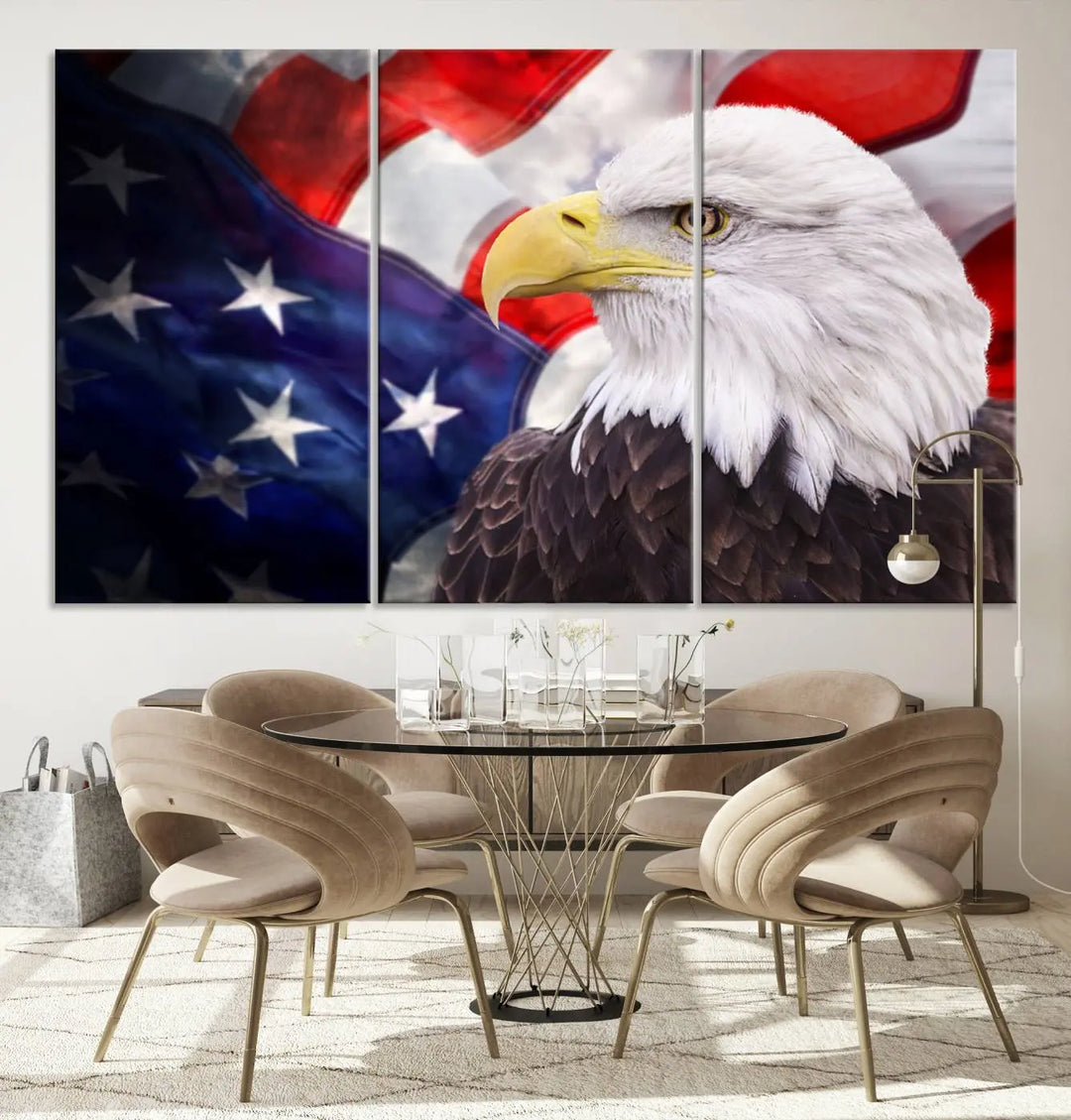 The American Flag Eagle Wall Art Canvas Print adorns the area above a modern living room sofa, featuring a magnificent depiction of a bald eagle against an American flag backdrop. Printed on museum-quality canvas, this eye-catching piece offers a high-resolution finish, making it an ideal gift for any patriotic home.