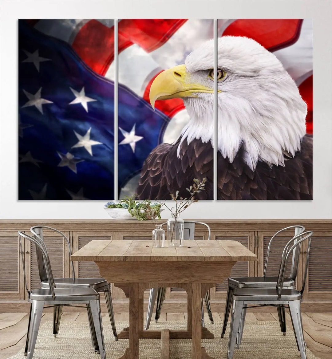 The American Flag Eagle Wall Art Canvas Print adorns the area above a modern living room sofa, featuring a magnificent depiction of a bald eagle against an American flag backdrop. Printed on museum-quality canvas, this eye-catching piece offers a high-resolution finish, making it an ideal gift for any patriotic home.