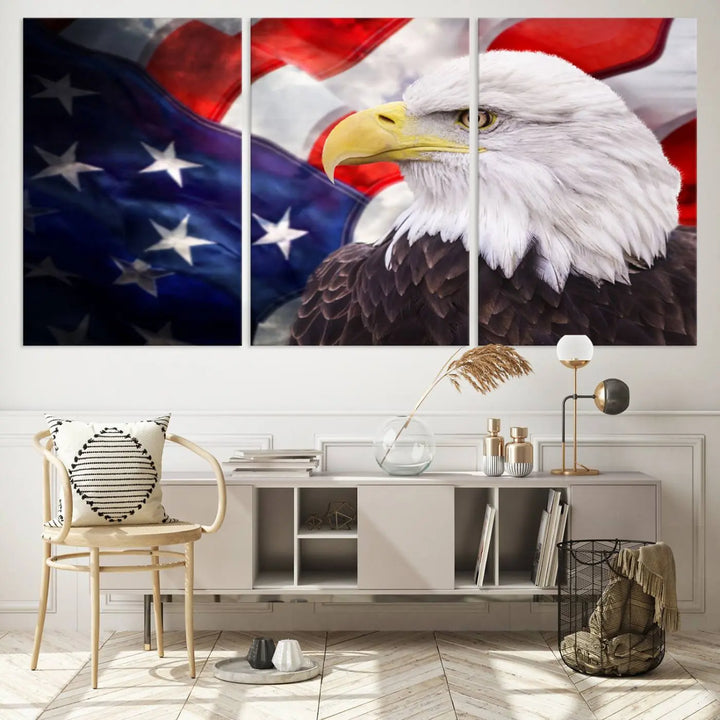 The American Flag Eagle Wall Art Canvas Print adorns the area above a modern living room sofa, featuring a magnificent depiction of a bald eagle against an American flag backdrop. Printed on museum-quality canvas, this eye-catching piece offers a high-resolution finish, making it an ideal gift for any patriotic home.