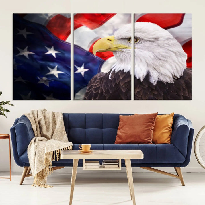 The American Flag Eagle Wall Art Canvas Print adorns the area above a modern living room sofa, featuring a magnificent depiction of a bald eagle against an American flag backdrop. Printed on museum-quality canvas, this eye-catching piece offers a high-resolution finish, making it an ideal gift for any patriotic home.