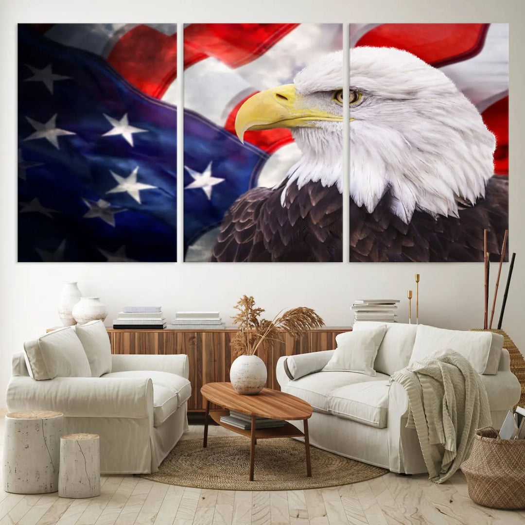 The American Flag Eagle Wall Art Canvas Print adorns the area above a modern living room sofa, featuring a magnificent depiction of a bald eagle against an American flag backdrop. Printed on museum-quality canvas, this eye-catching piece offers a high-resolution finish, making it an ideal gift for any patriotic home.