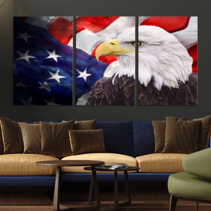 The American Flag Eagle Wall Art Canvas Print adorns the area above a modern living room sofa, featuring a magnificent depiction of a bald eagle against an American flag backdrop. Printed on museum-quality canvas, this eye-catching piece offers a high-resolution finish, making it an ideal gift for any patriotic home.