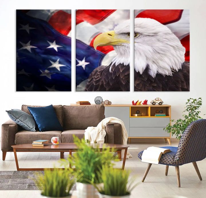 The American Flag Eagle Wall Art Canvas Print adorns the area above a modern living room sofa, featuring a magnificent depiction of a bald eagle against an American flag backdrop. Printed on museum-quality canvas, this eye-catching piece offers a high-resolution finish, making it an ideal gift for any patriotic home.