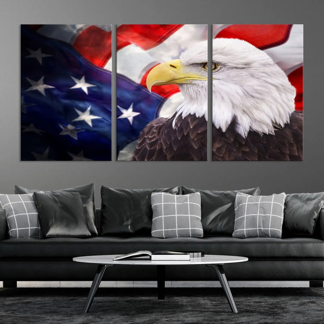 The American Flag Eagle Wall Art Canvas Print adorns the area above a modern living room sofa, featuring a magnificent depiction of a bald eagle against an American flag backdrop. Printed on museum-quality canvas, this eye-catching piece offers a high-resolution finish, making it an ideal gift for any patriotic home.