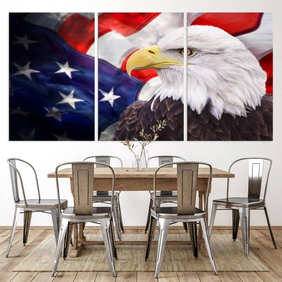 The American Flag Eagle Wall Art Canvas Print adorns the area above a modern living room sofa, featuring a magnificent depiction of a bald eagle against an American flag backdrop. Printed on museum-quality canvas, this eye-catching piece offers a high-resolution finish, making it an ideal gift for any patriotic home.