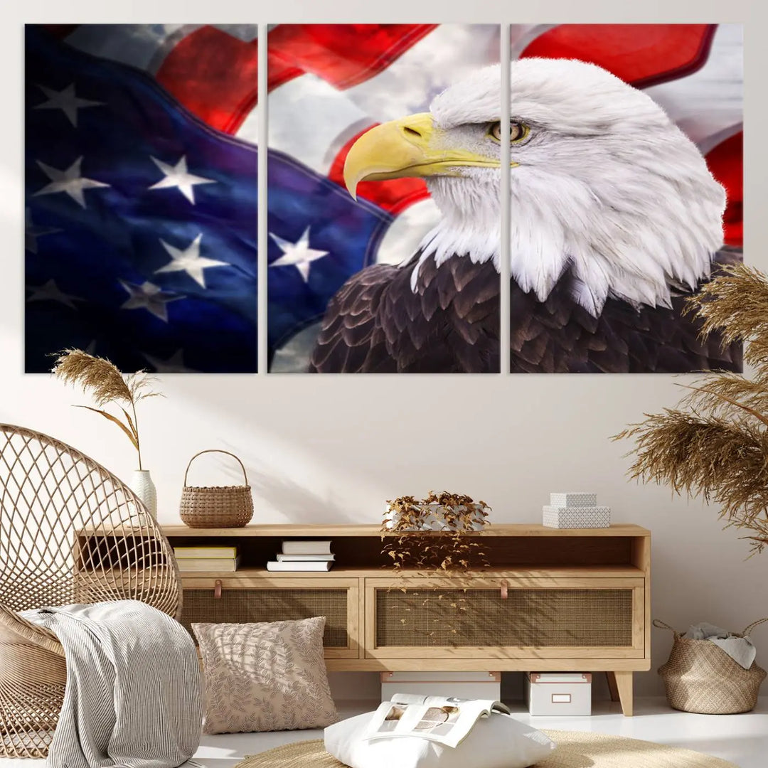 The American Flag Eagle Wall Art Canvas Print adorns the area above a modern living room sofa, featuring a magnificent depiction of a bald eagle against an American flag backdrop. Printed on museum-quality canvas, this eye-catching piece offers a high-resolution finish, making it an ideal gift for any patriotic home.