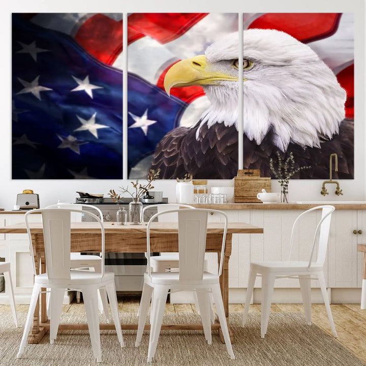 The American Flag Eagle Wall Art Canvas Print adorns the area above a modern living room sofa, featuring a magnificent depiction of a bald eagle against an American flag backdrop. Printed on museum-quality canvas, this eye-catching piece offers a high-resolution finish, making it an ideal gift for any patriotic home.