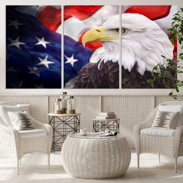 The American Flag Eagle Wall Art Canvas Print adorns the area above a modern living room sofa, featuring a magnificent depiction of a bald eagle against an American flag backdrop. Printed on museum-quality canvas, this eye-catching piece offers a high-resolution finish, making it an ideal gift for any patriotic home.