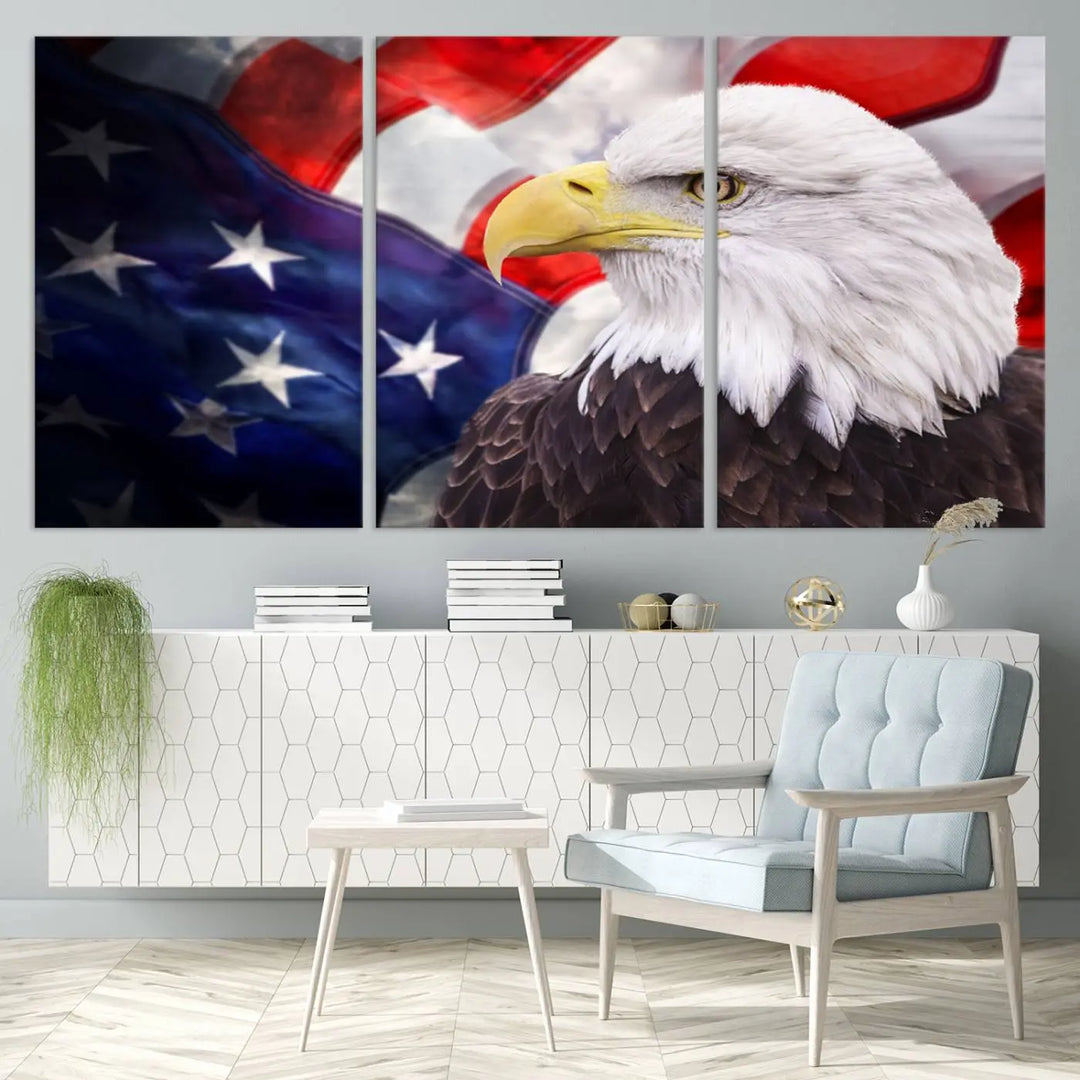 The American Flag Eagle Wall Art Canvas Print adorns the area above a modern living room sofa, featuring a magnificent depiction of a bald eagle against an American flag backdrop. Printed on museum-quality canvas, this eye-catching piece offers a high-resolution finish, making it an ideal gift for any patriotic home.