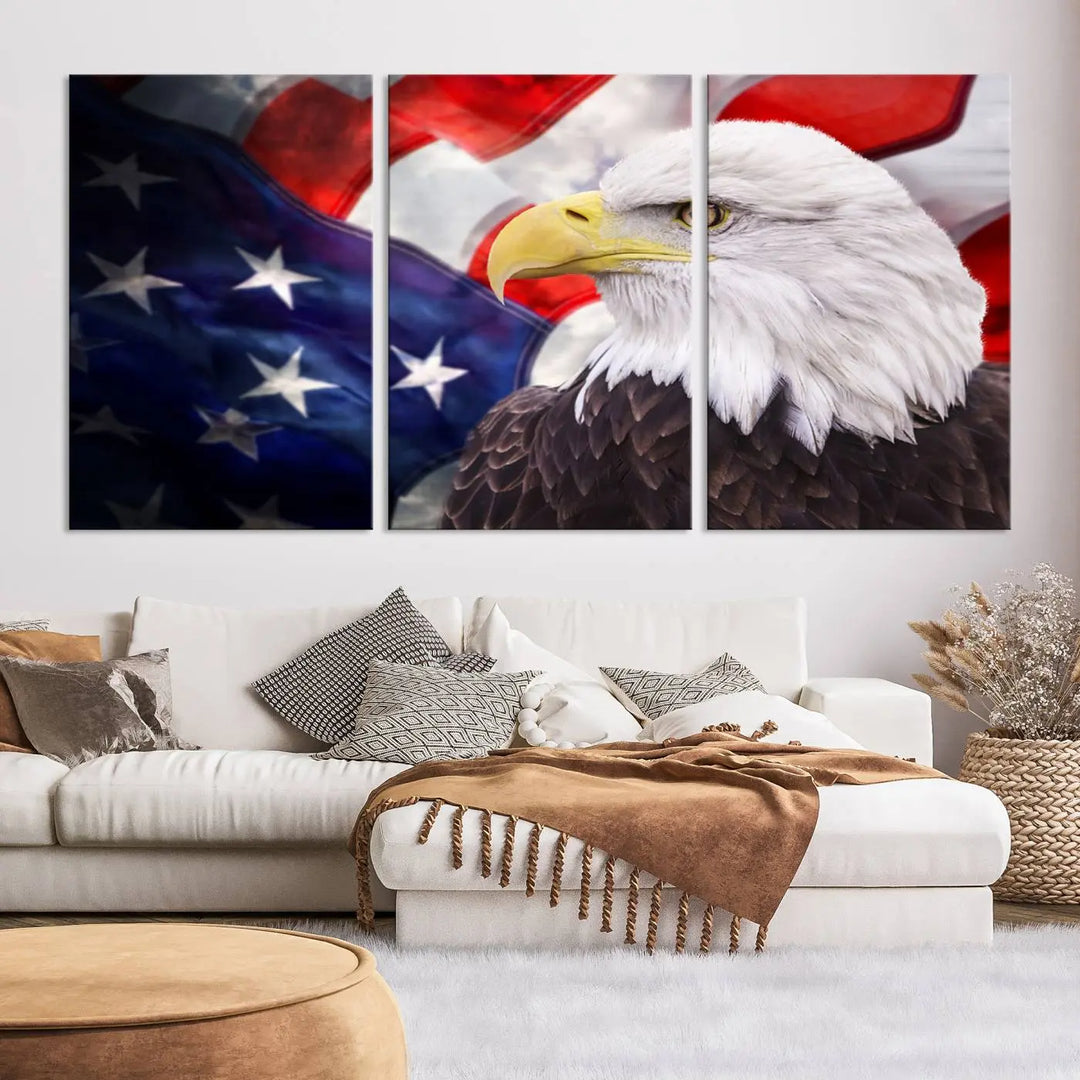 The American Flag Eagle Wall Art Canvas Print adorns the area above a modern living room sofa, featuring a magnificent depiction of a bald eagle against an American flag backdrop. Printed on museum-quality canvas, this eye-catching piece offers a high-resolution finish, making it an ideal gift for any patriotic home.