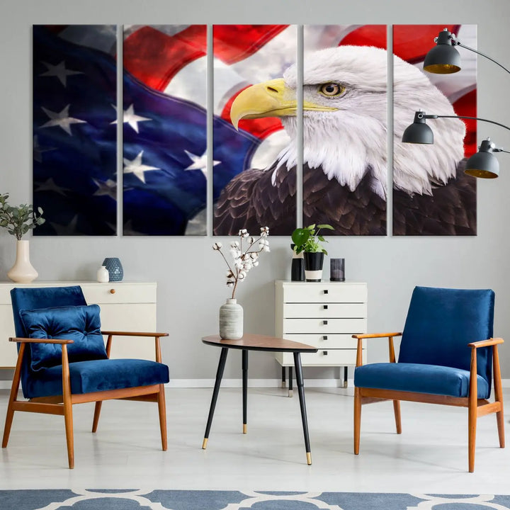 The American Flag Eagle Wall Art Canvas Print adorns the area above a modern living room sofa, featuring a magnificent depiction of a bald eagle against an American flag backdrop. Printed on museum-quality canvas, this eye-catching piece offers a high-resolution finish, making it an ideal gift for any patriotic home.