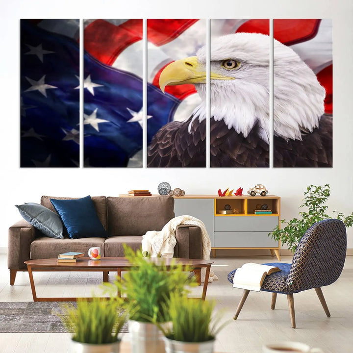 The American Flag Eagle Wall Art Canvas Print adorns the area above a modern living room sofa, featuring a magnificent depiction of a bald eagle against an American flag backdrop. Printed on museum-quality canvas, this eye-catching piece offers a high-resolution finish, making it an ideal gift for any patriotic home.