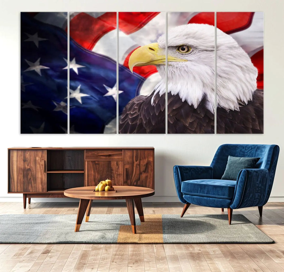 The American Flag Eagle Wall Art Canvas Print adorns the area above a modern living room sofa, featuring a magnificent depiction of a bald eagle against an American flag backdrop. Printed on museum-quality canvas, this eye-catching piece offers a high-resolution finish, making it an ideal gift for any patriotic home.