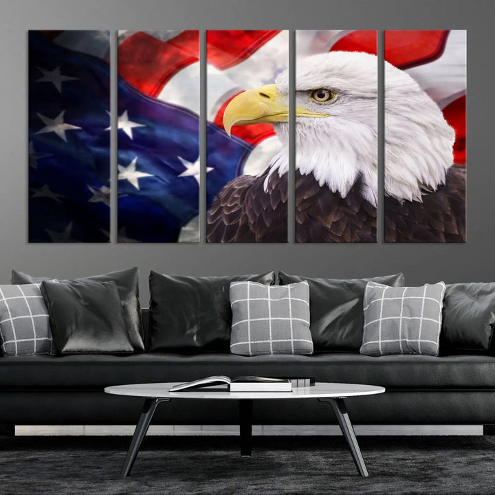 The American Flag Eagle Wall Art Canvas Print adorns the area above a modern living room sofa, featuring a magnificent depiction of a bald eagle against an American flag backdrop. Printed on museum-quality canvas, this eye-catching piece offers a high-resolution finish, making it an ideal gift for any patriotic home.