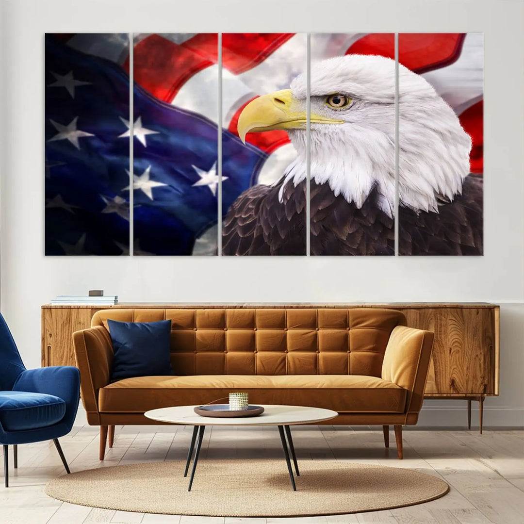 The American Flag Eagle Wall Art Canvas Print adorns the area above a modern living room sofa, featuring a magnificent depiction of a bald eagle against an American flag backdrop. Printed on museum-quality canvas, this eye-catching piece offers a high-resolution finish, making it an ideal gift for any patriotic home.